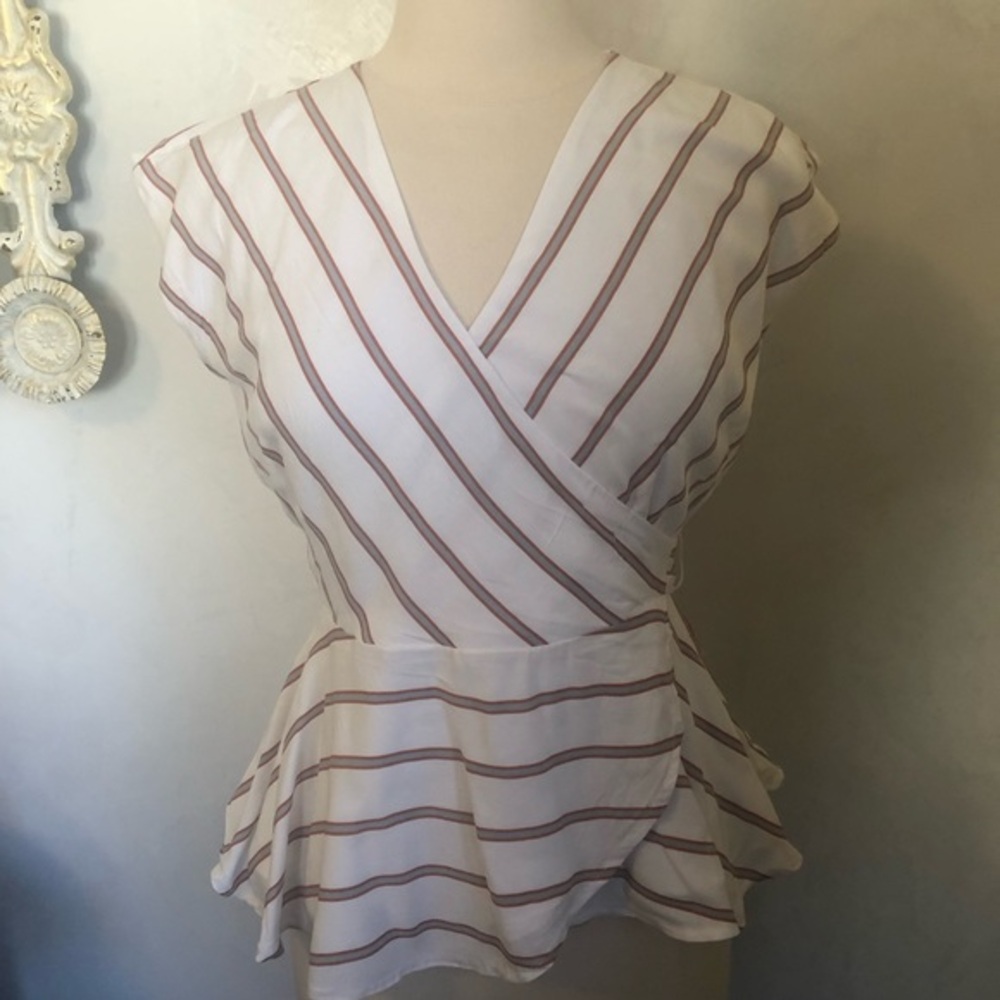 Loft Striped White Cap Sleeve Wrap blouse lined w/Orange & Gray stripes Size SP